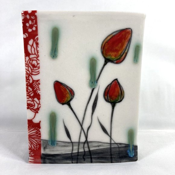 Ceramic Wall Decor Hanging White Orange Poppy Bud Flowers Signed - Picture 1 of 14